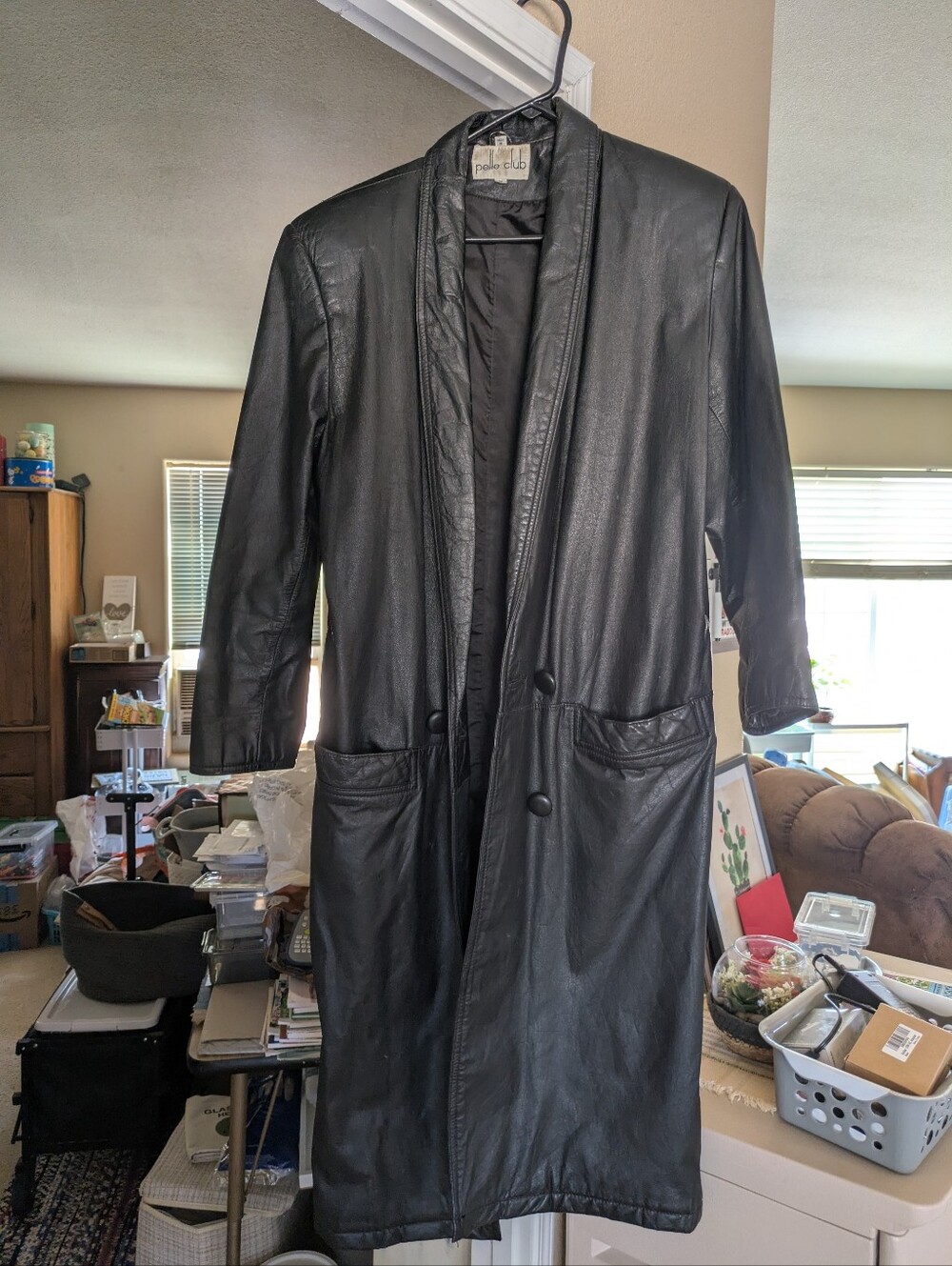 Black Leather Long Trench Coat by
